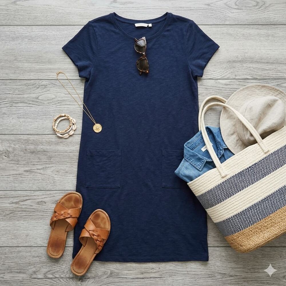 Beacan Cove Linen Blend T-Shirt Dress Medium Woven Lightweight Beach Coastal